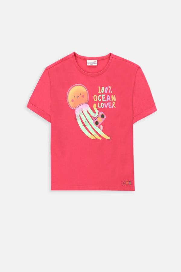 T-shirt z krótkim rękawem w kolorze fuksji z cekinową aplikacją