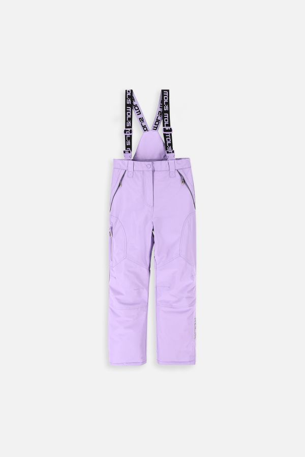 Spodnie narciarskie fioletowe z kieszeniami na szelkach