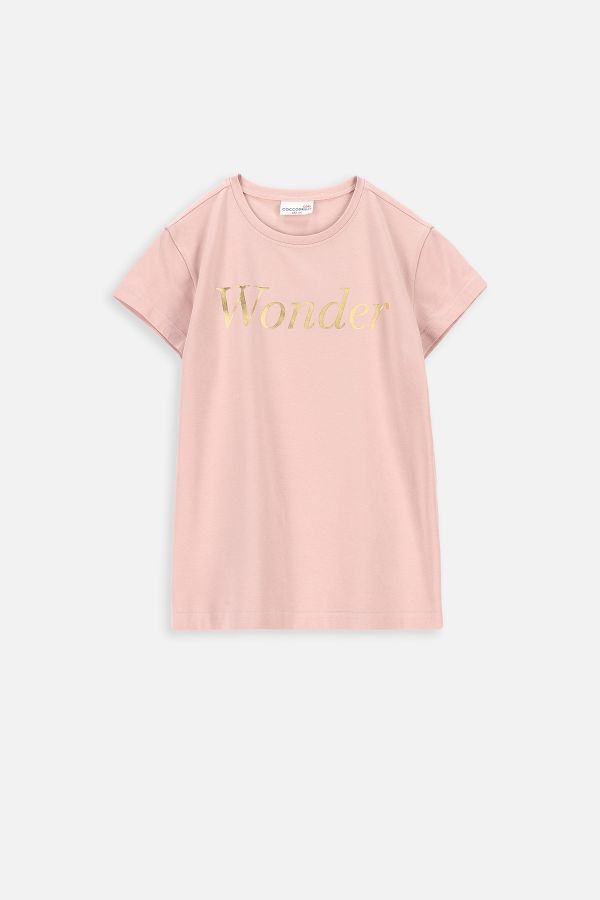 T-shirt z krótkim rękawem pudrowy róż ze złotym napisem
