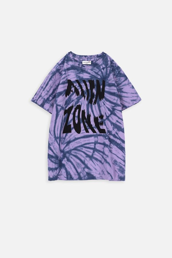 T-shirt z krótkim rękawem fioletowy z farbowaniem tie dye i napisem