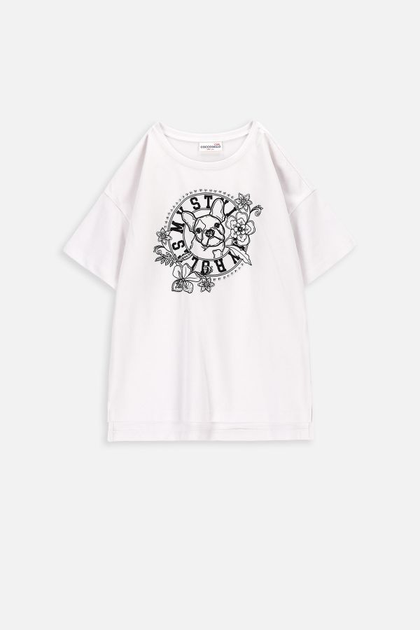T-shirt z krótkim rękawem biały z nadrukiem pieska i kwiatów 2224095