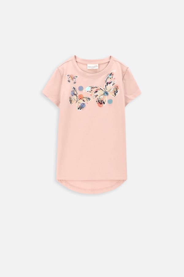 T-shirt z krótkim rękawem pudrowy róż z nadrukiem w motyle