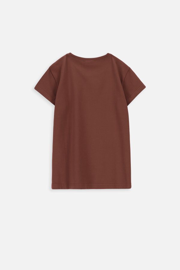 T-shirt z krótkim rękawem brązowy z nadrukiem filiżanki i napisami 2219601