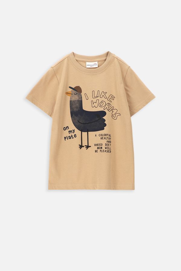 T-shirt z krótkim rękawem beżowy z nadrukiem ptaka i napisami