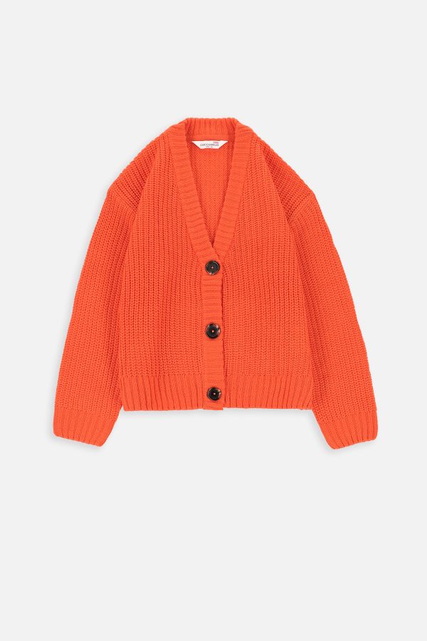 Sweter rozpinany pomarańczowy prążkowany z dekoltem w serek 2223259