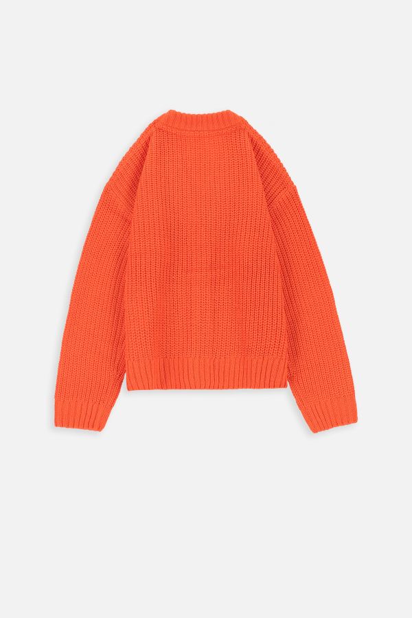 Sweter rozpinany pomarańczowy prążkowany z dekoltem w serek 2223260