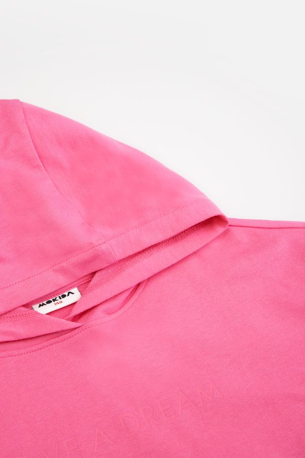 Bluza dresowa z kapturem różowa krótka kangurka z napisem 2221902