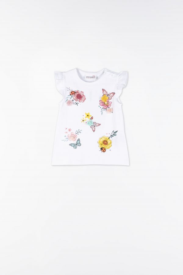 T-shirt z krótkim rękawem biały z tiulowymi kwiatami 2158564