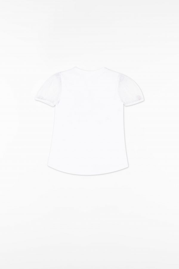 T-shirt z krótkim rękawem z kwiatową aplikacją i tiulowym rękawkiem 2158896
