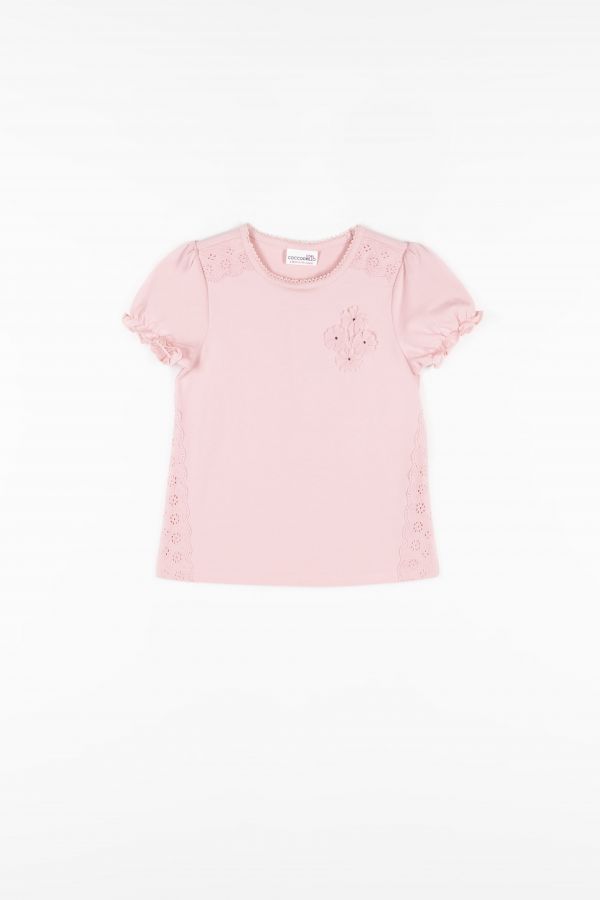 T-shirt z krótkim rękawem różowy ze wstawkami z koronki