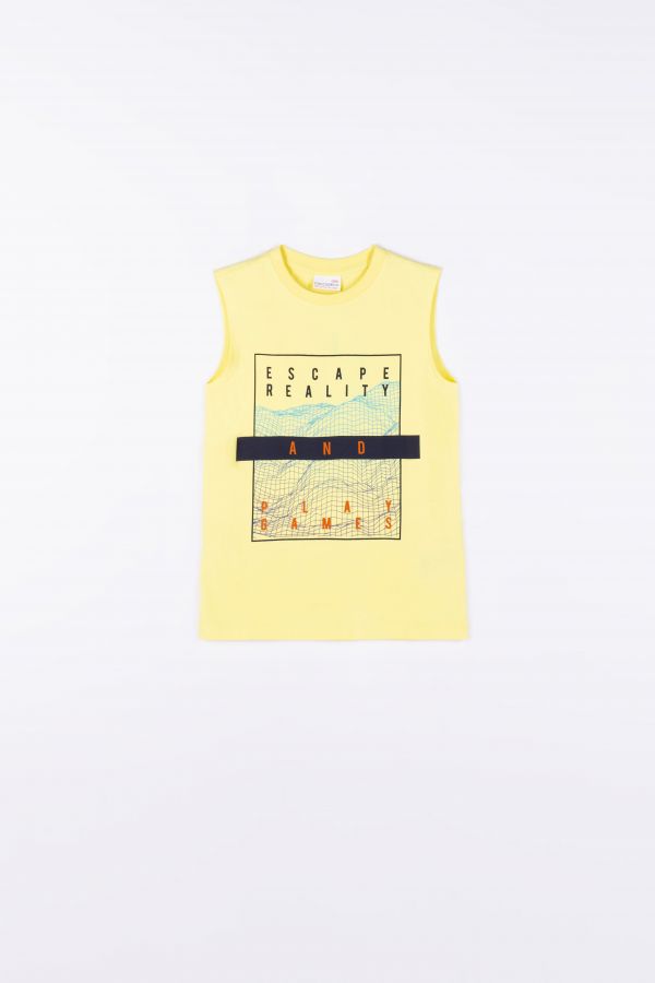T-shirt bez rękawów żółty z kolorowym nadrukiem z przodu 2159946