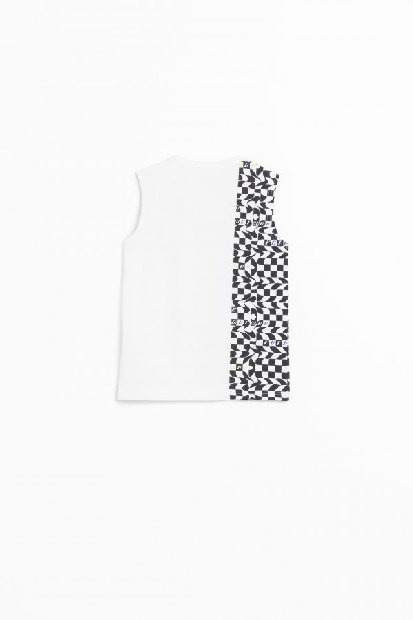 T-shirt bez rękawów biały z geometrycznym nadrukiem z boku 2160028