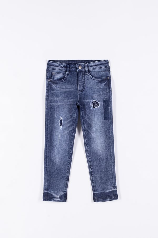 Spodnie jeansowe z efektem sprania i ozdobnymi przetarciami o fasonie SLIM