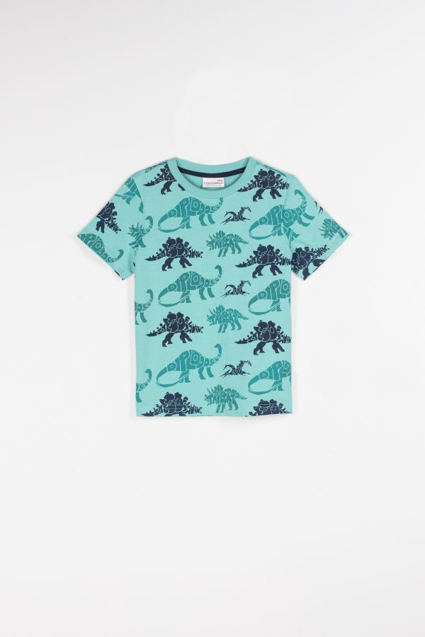 T-shirt z krótkim rękawem turkusowy z nadrukiem w dinozaury