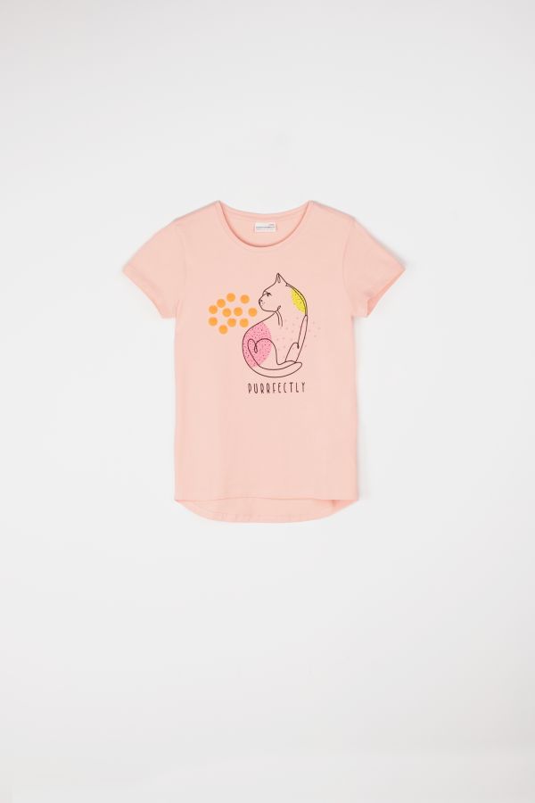 T-shirt z krótkim rękawem różowy z nadrukiem kota 2115667
