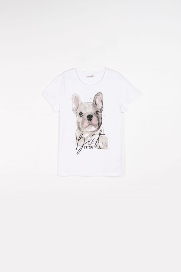 T-shirt z krótkim rękawem biały z nadrukiem psa