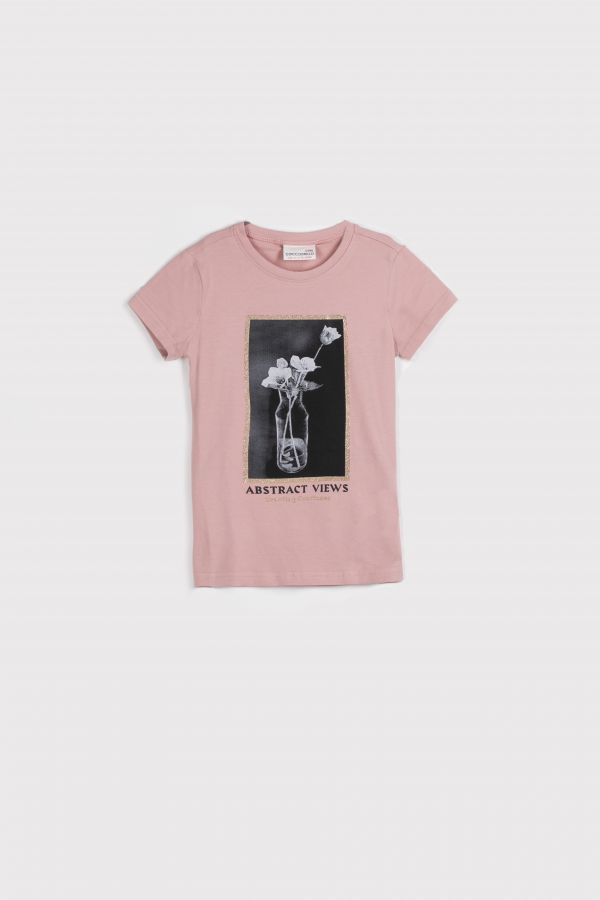 T-shirt z krótkim rękawem różowy z  kwiatowym nadrukiem 2115940