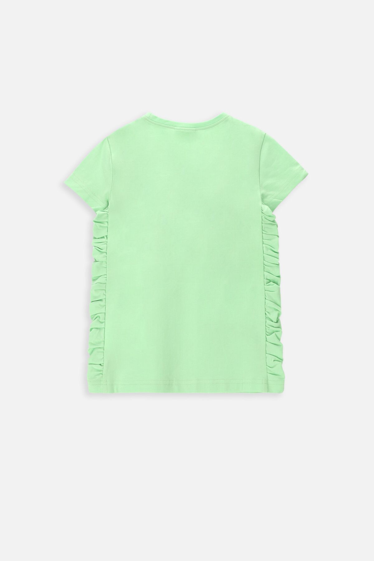 T-shirt z krótkim rękawem zielony nadrukiem na przodzie i ozdobnymi falbankami 2235372