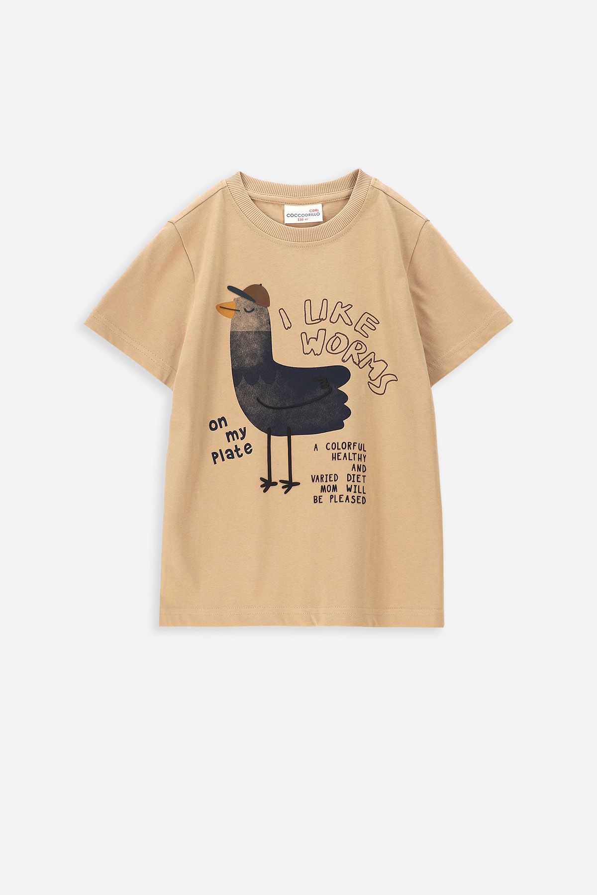 T-shirt z krótkim rękawem beżowy z nadrukiem ptaka i napisami 2225631