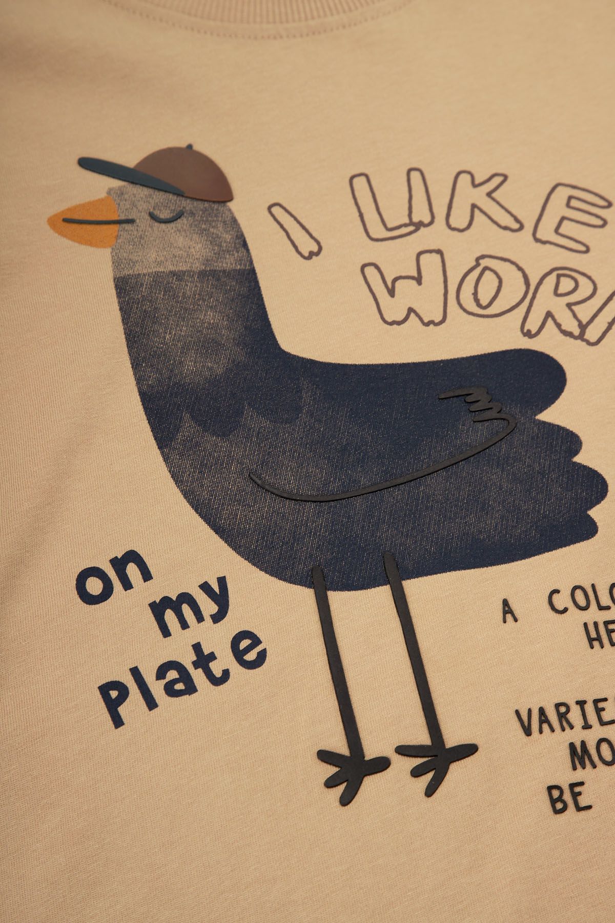 T-shirt z krótkim rękawem beżowy z nadrukiem ptaka i napisami 2225634