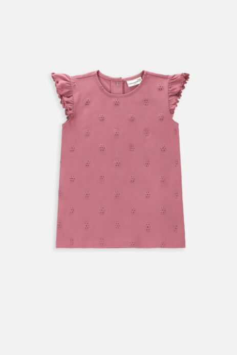 T-shirt bez rękawów różowy z koronkowymi falbankami