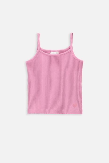 T-shirt bez rękawów różowy prążkowany z aplikacją serduszka